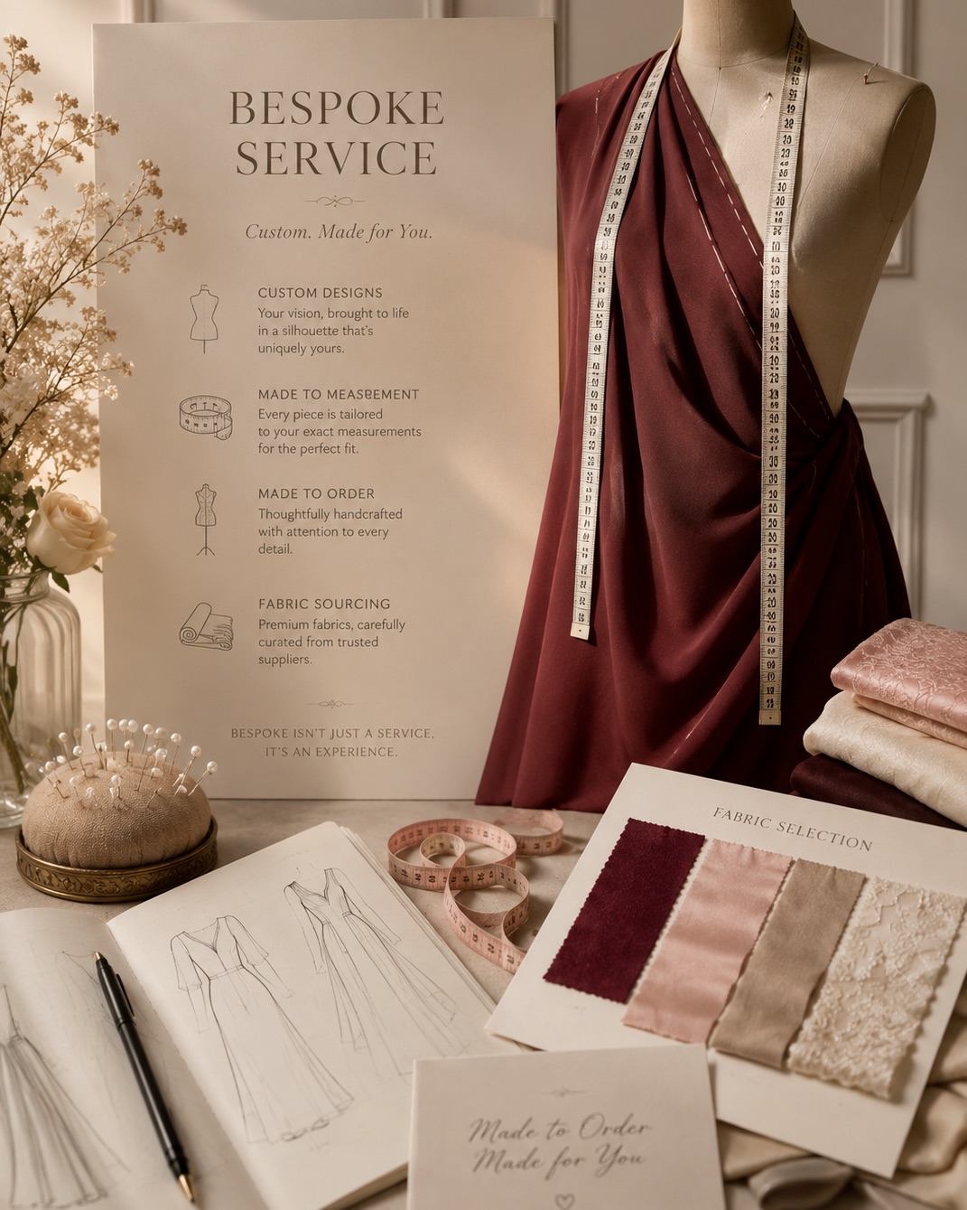 A bespoke fitting laid out in the atelier — draped fabric on a dress form, tape measures, design sketches and fabric swatches
