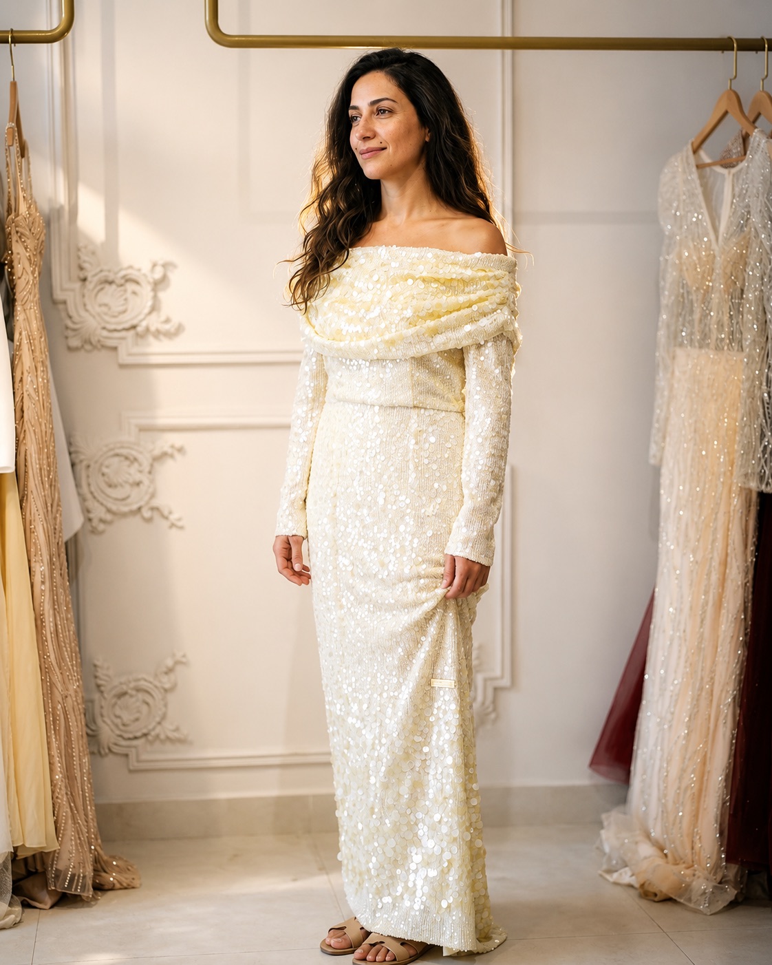 Cream beaded gown with long sleeves, hanging in the atelier