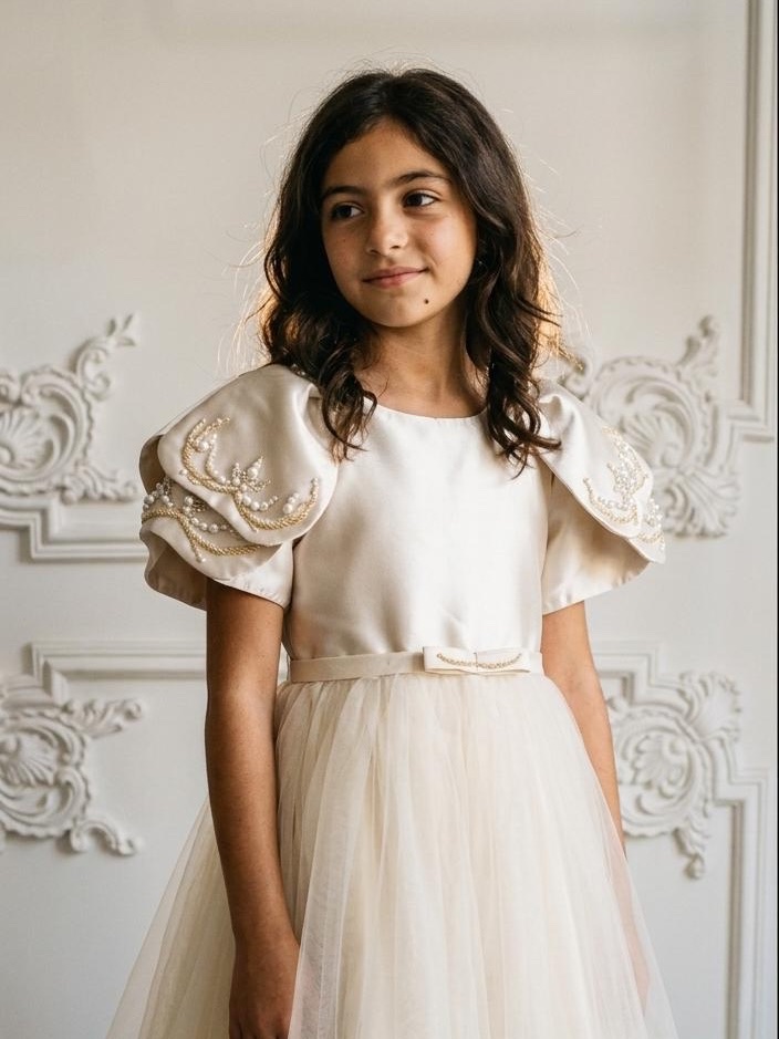 Girl’s champagne satin and tulle occasion dress