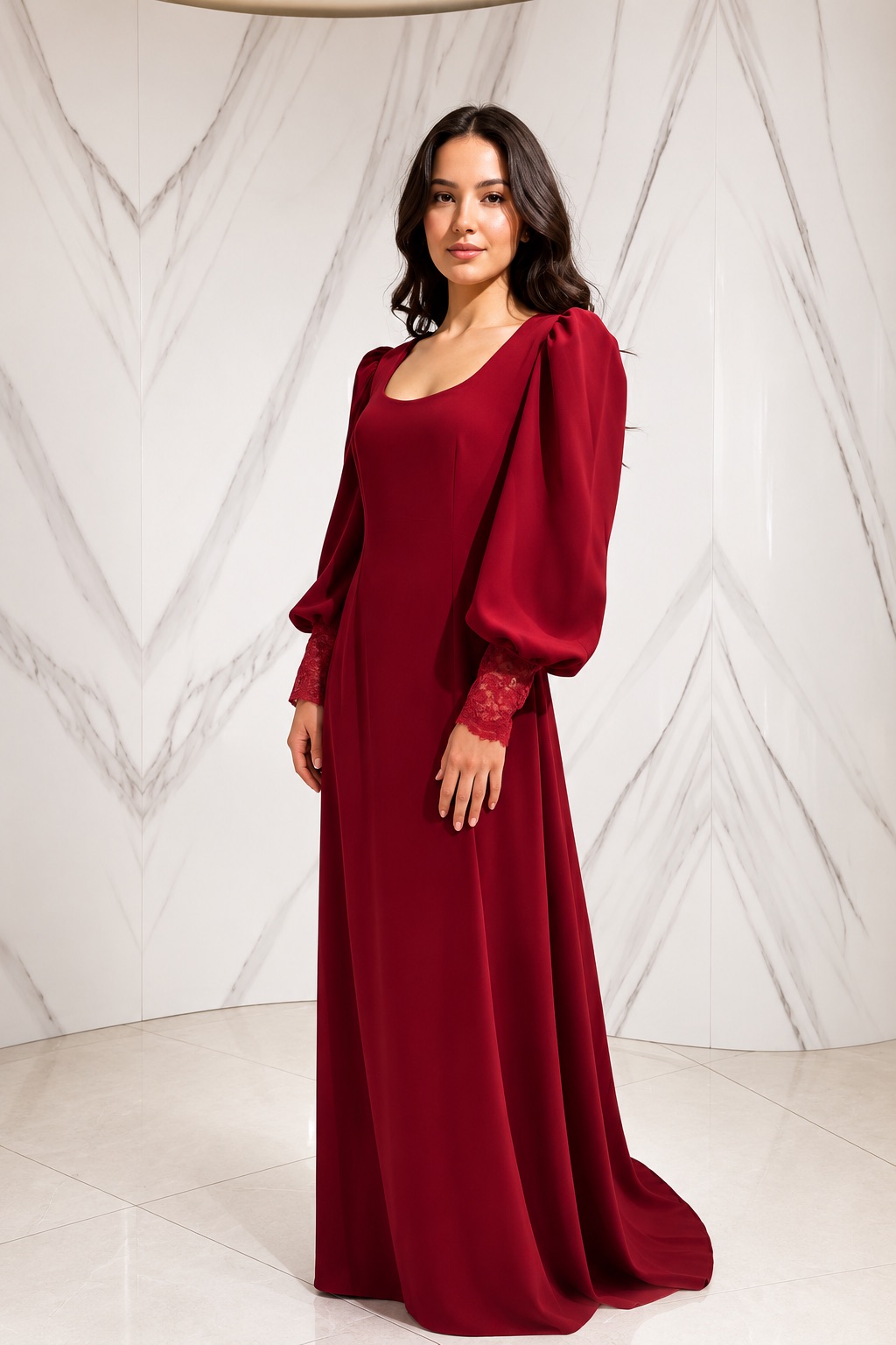 Burgundy crêpe gown with full bishop sleeves and lace cuffs